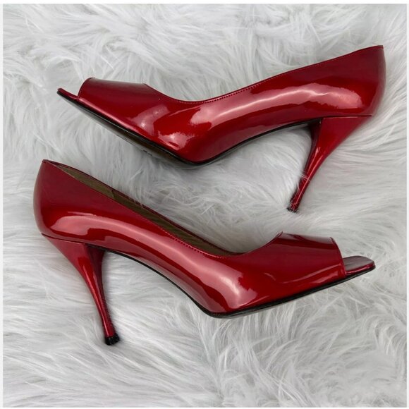 Stuart Weitzman Shoes - Stuart Weitzman Cherry Red Heels Pumps Patent Leather Open Toe 4" Valentines Day